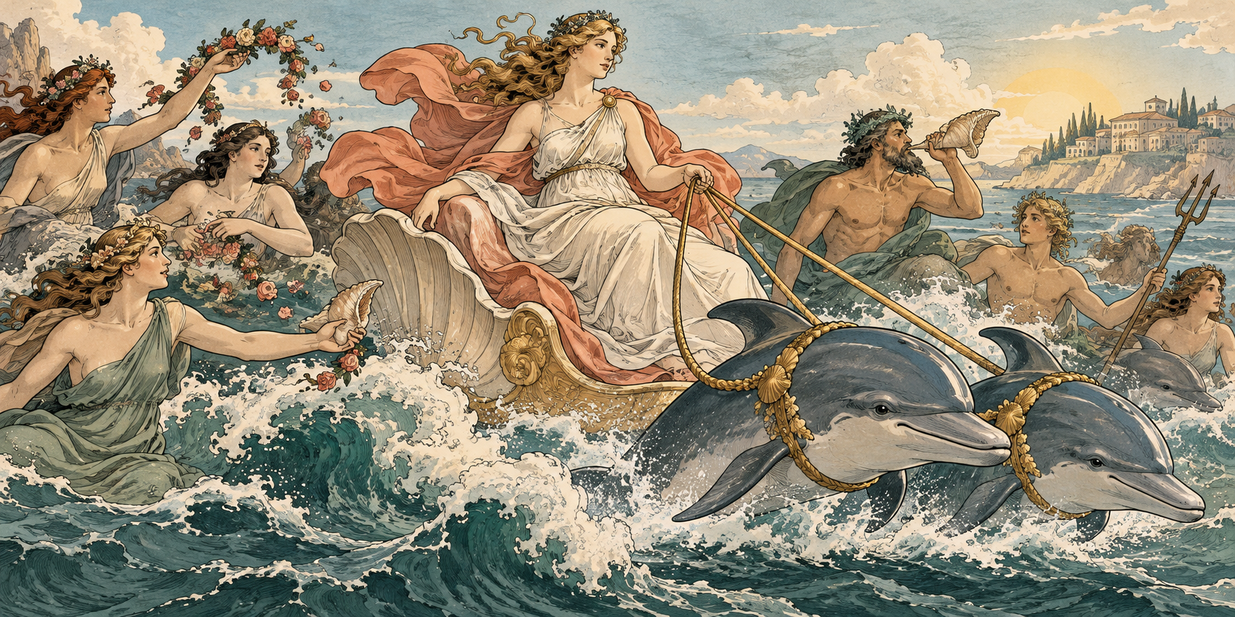 Reinterpretación en estilo cómic de Galatea en un carro de concha tirado por delfines, con nereidas y tritones